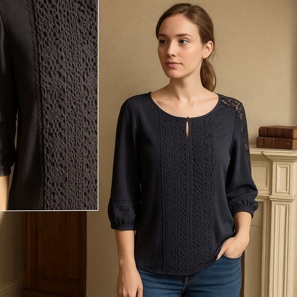 Dana Buchman Navy Lace Panel Blouse Medium Feminine Chic Career Minimalist - Picture 2 of 14